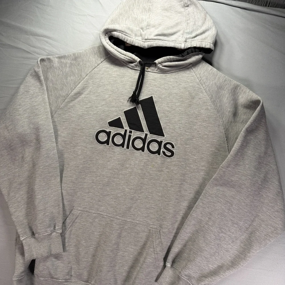 Vintage Y2K Adidas Hoodie Mens XL Gray Pullover Sweatshirt Big Logo Fleece